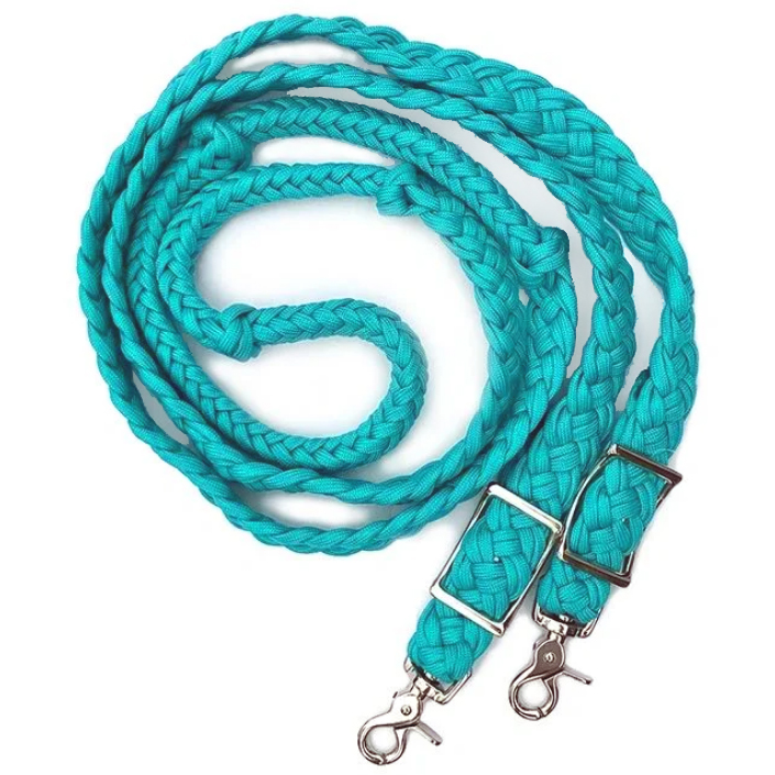 T5300 - Three Colour Braided Barrel Reins with Knots Yellow / Dark Green